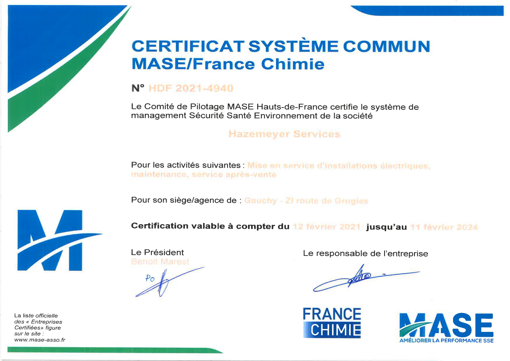 Hazemeyer MASE certificat